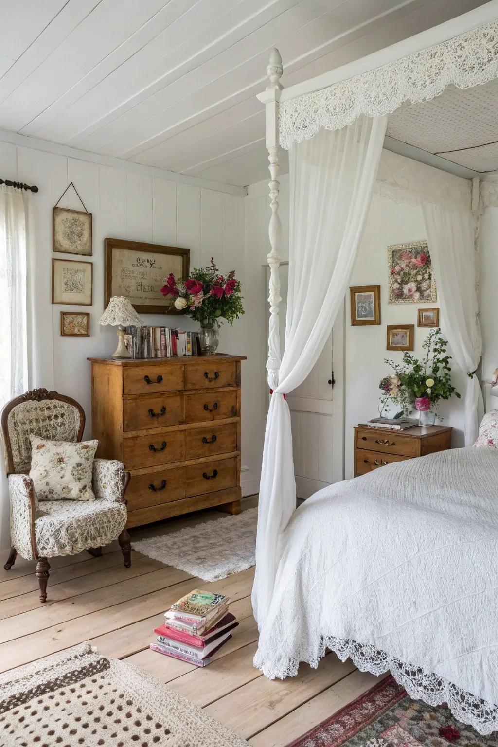 Vintage pieces add character to a white bedroom.