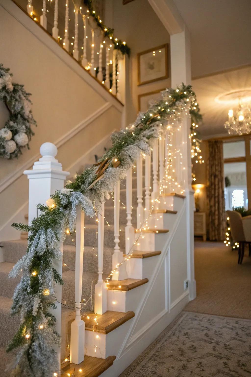 A white garland staircase creates a stunning entrance to your holiday home.