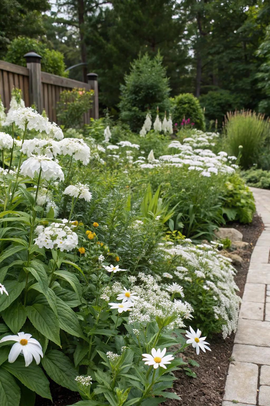 A mix of white perennials ensures year-round garden interest.