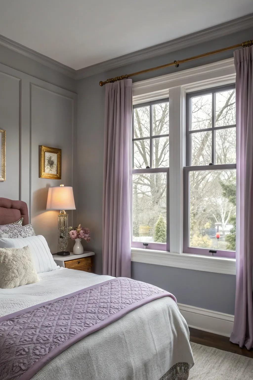 Muted lavender trim adds a calming touch to a bedroom.