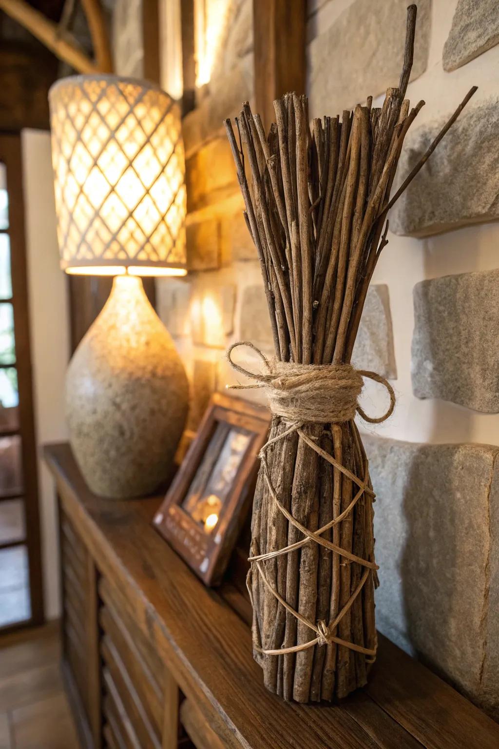 A bundle of twigs introduces rustic charm to any setting.