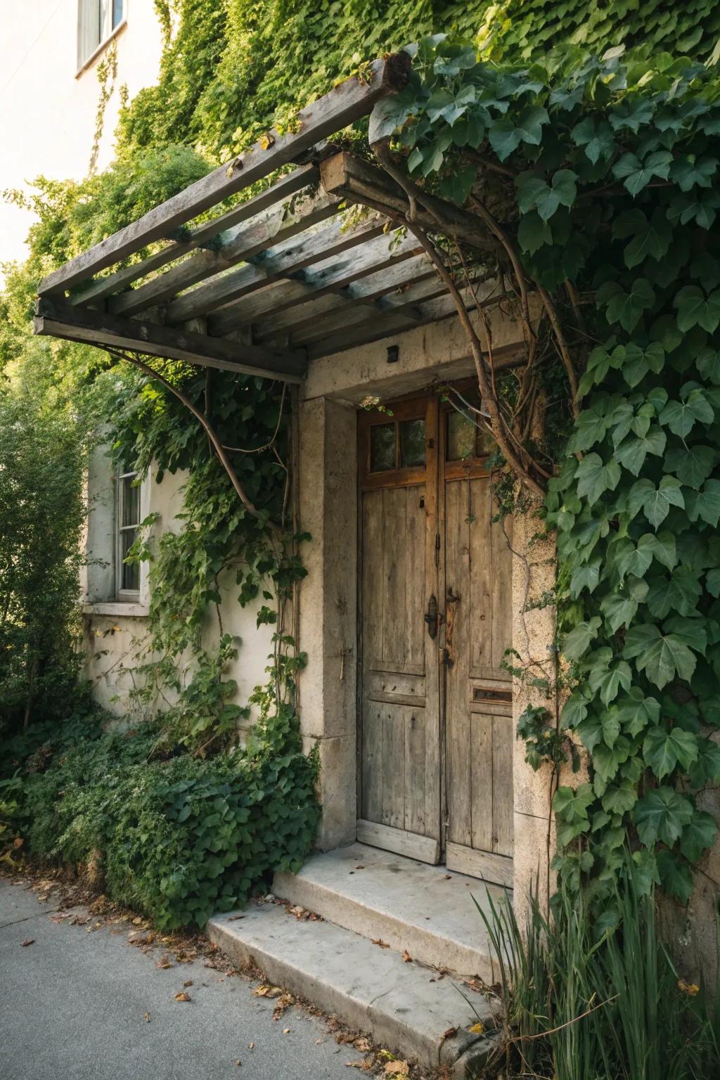 Vines create a natural, serene entrance.