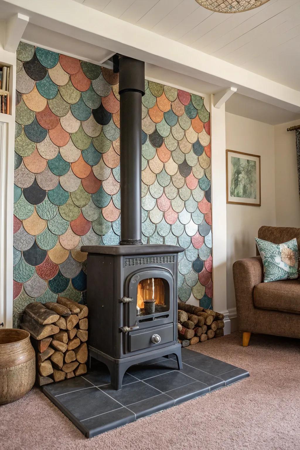 Fish scale tiles provide a whimsical and unique design around your wood stove.