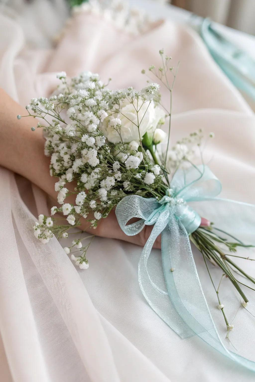 Ethereal wrist adornment featuring delicate baby's breath.