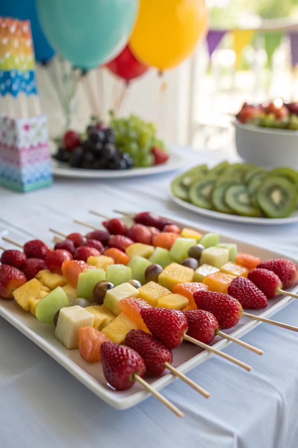 Fruit skewers provide a healthy and vibrant snack for party guests.