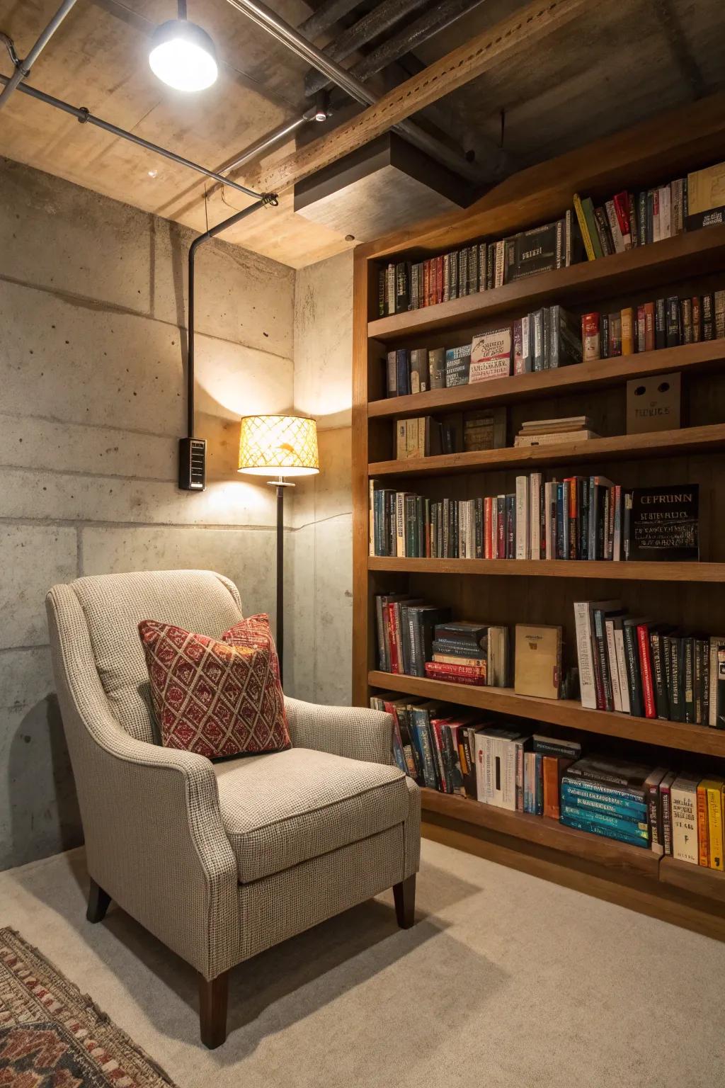 A reading nook can be a charming addition to your basement.