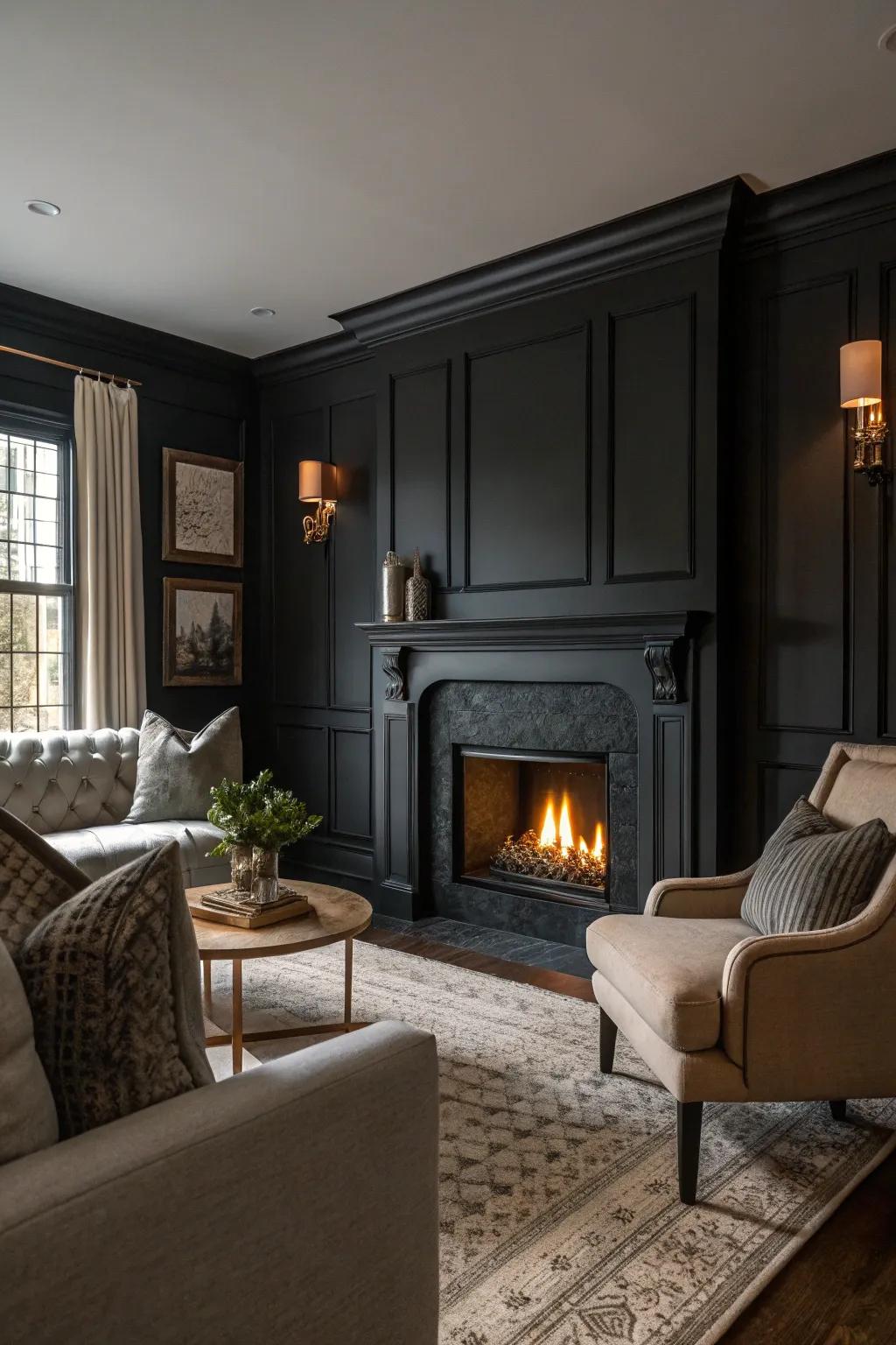 Dark hues evoke a cozy and dramatic atmosphere.