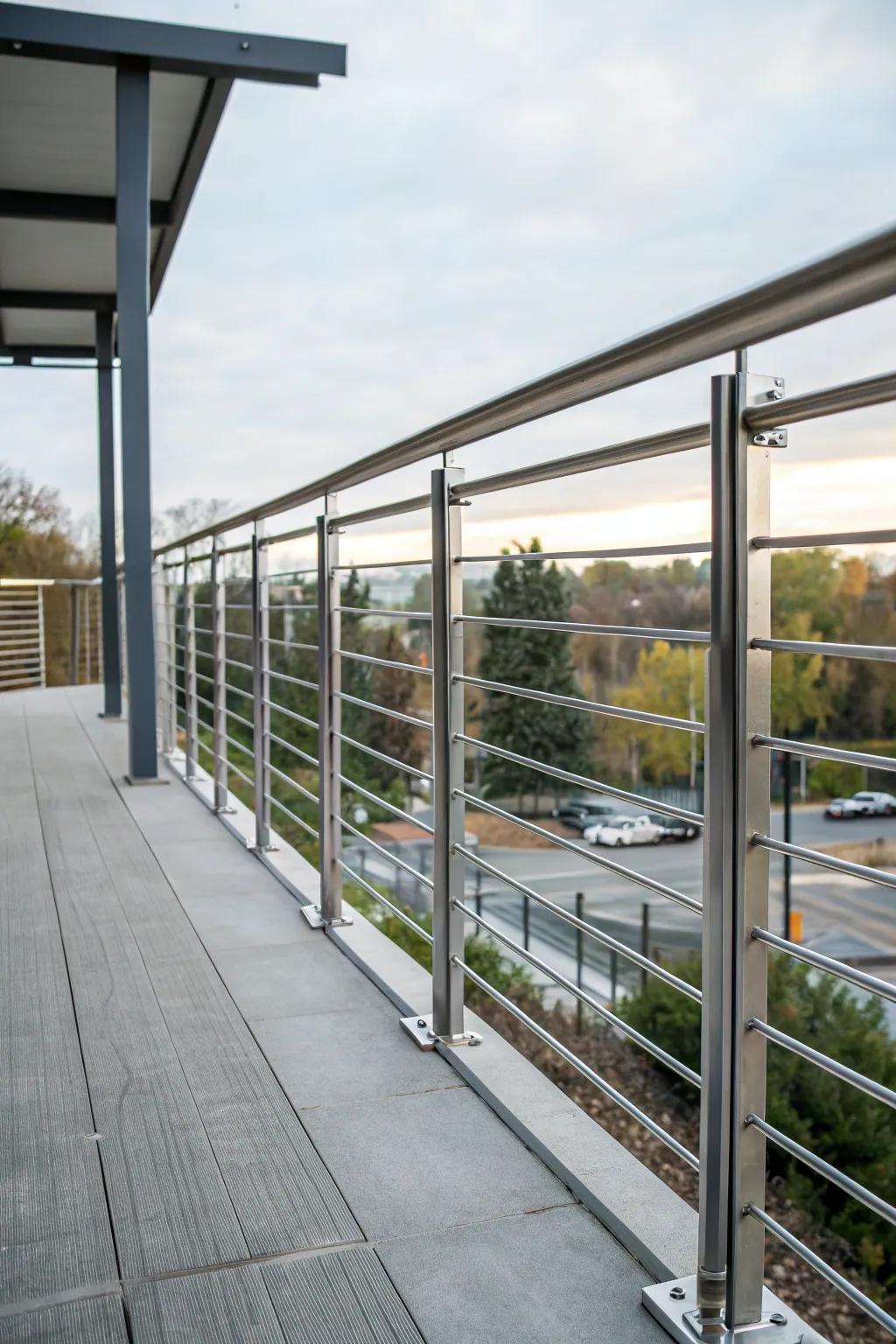 Edgy industrial aluminum railings on a modern deck.