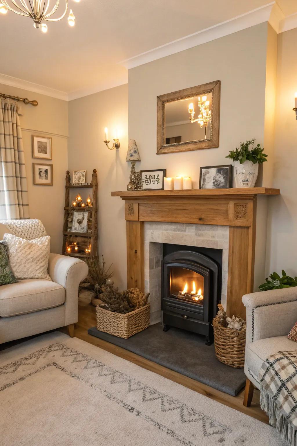 A fireplace serves as a cozy focal point in this small living room.