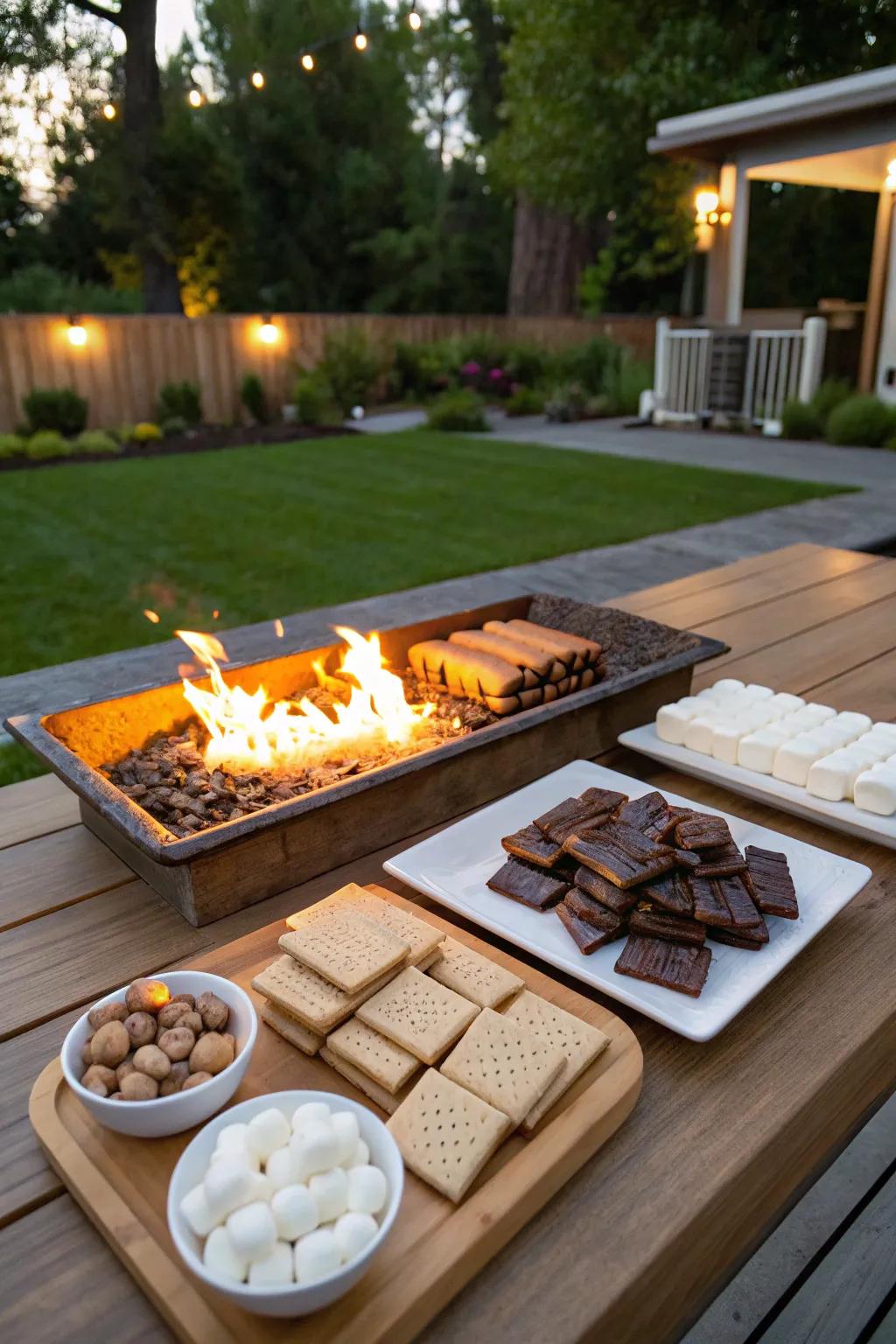 A s'mores station brings warmth and nostalgia to the party.