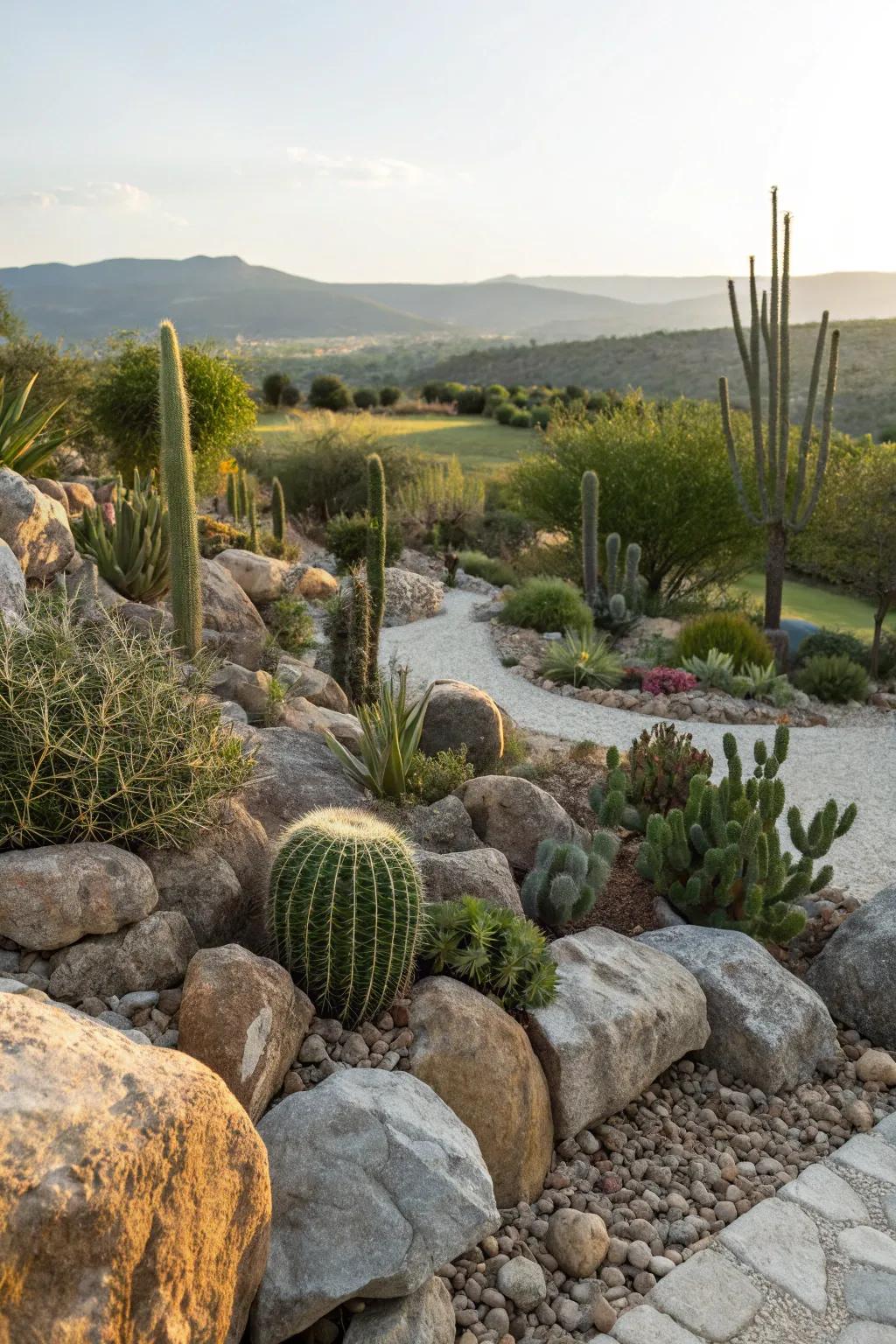 Cacti and rocks blend seamlessly to create a natural desert vibe.