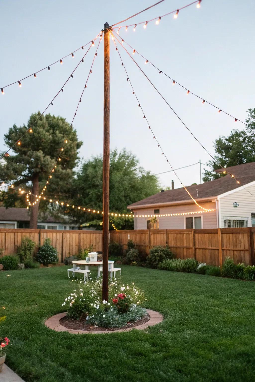 A central pole with beaded lights fashions a dramatic focal point.