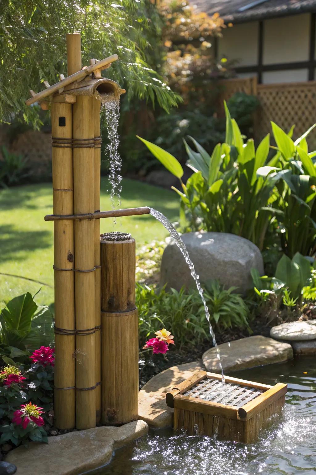 An eco-friendly solar-powered bamboo fountain soaking up the sun.