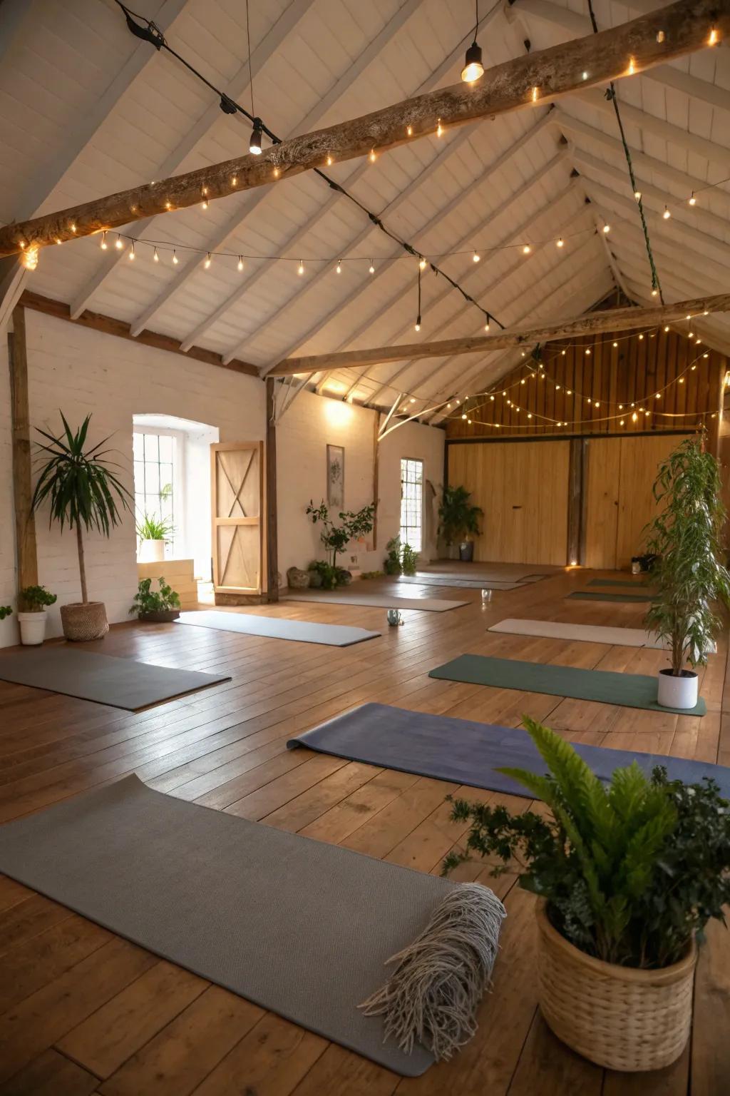 A barn yoga studio offers a peaceful space for relaxation and exercise.