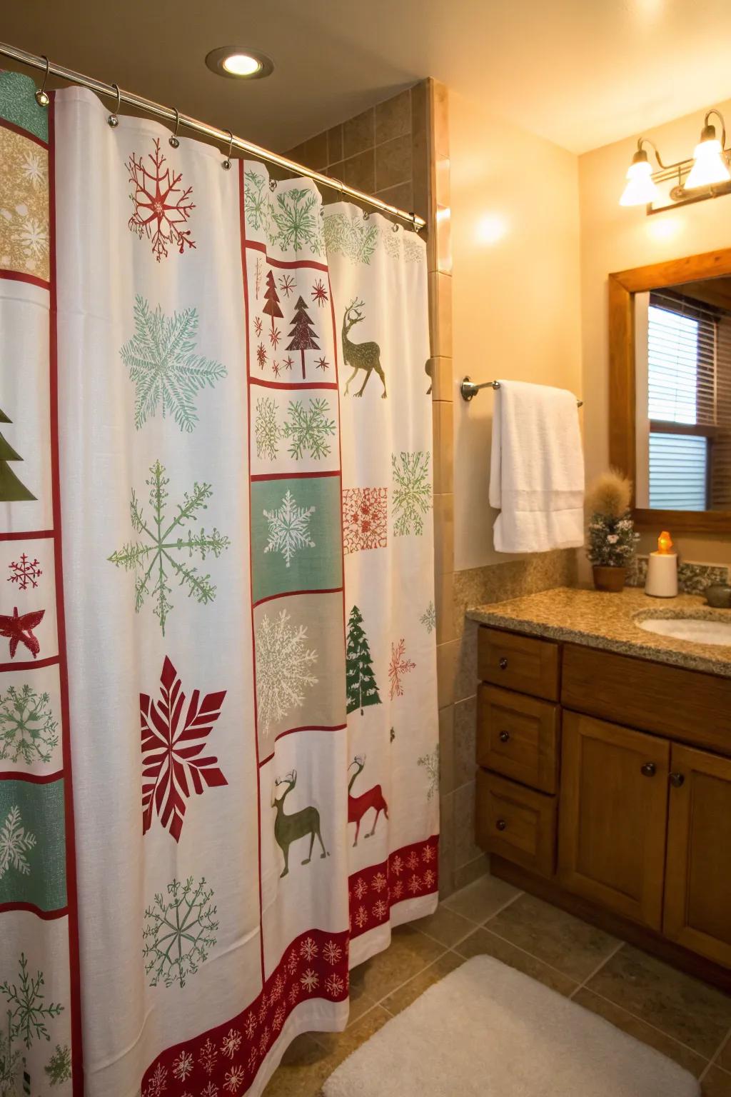 A holiday-themed shower curtain brings seasonal cheer to this bathroom.