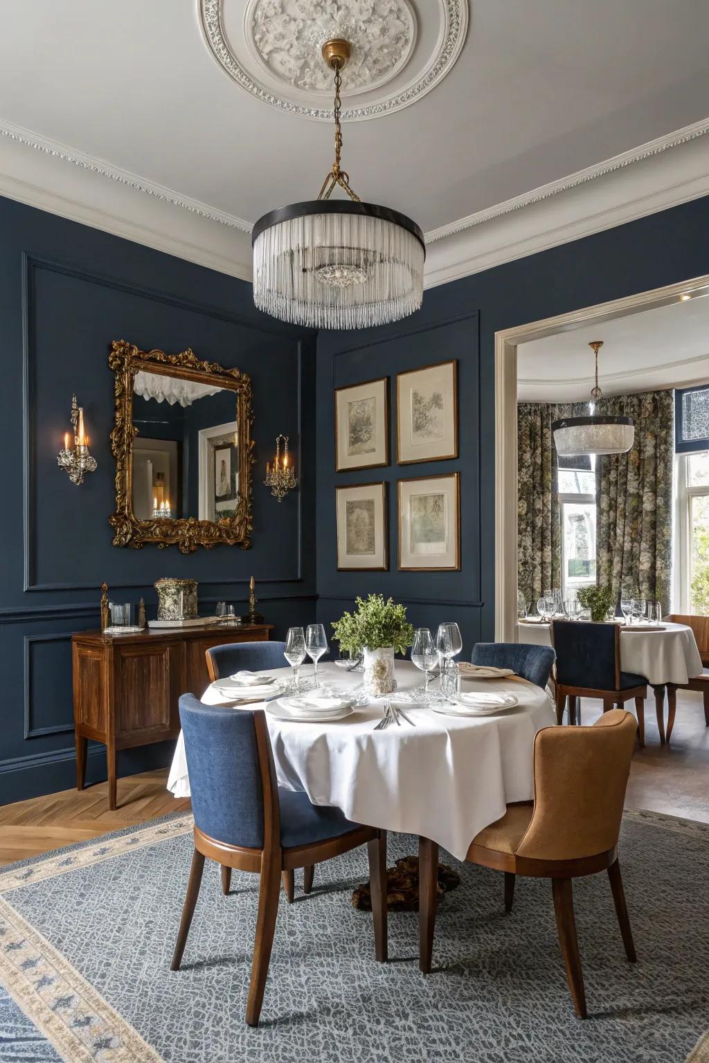 Navy blue offers timeless elegance to dining spaces.