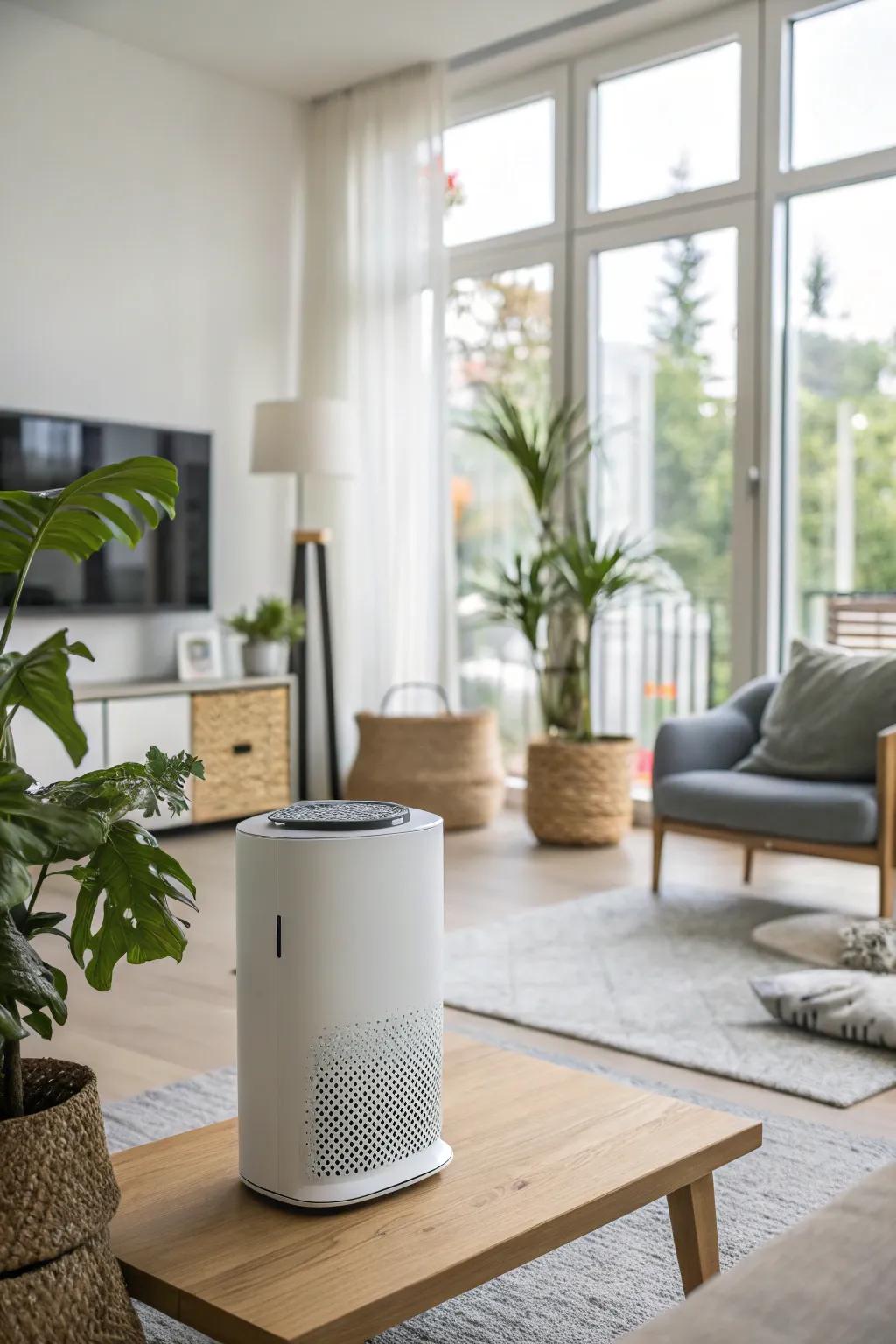 A smart air purifier discreetly enhances air quality, complementing the modern design of the living room.