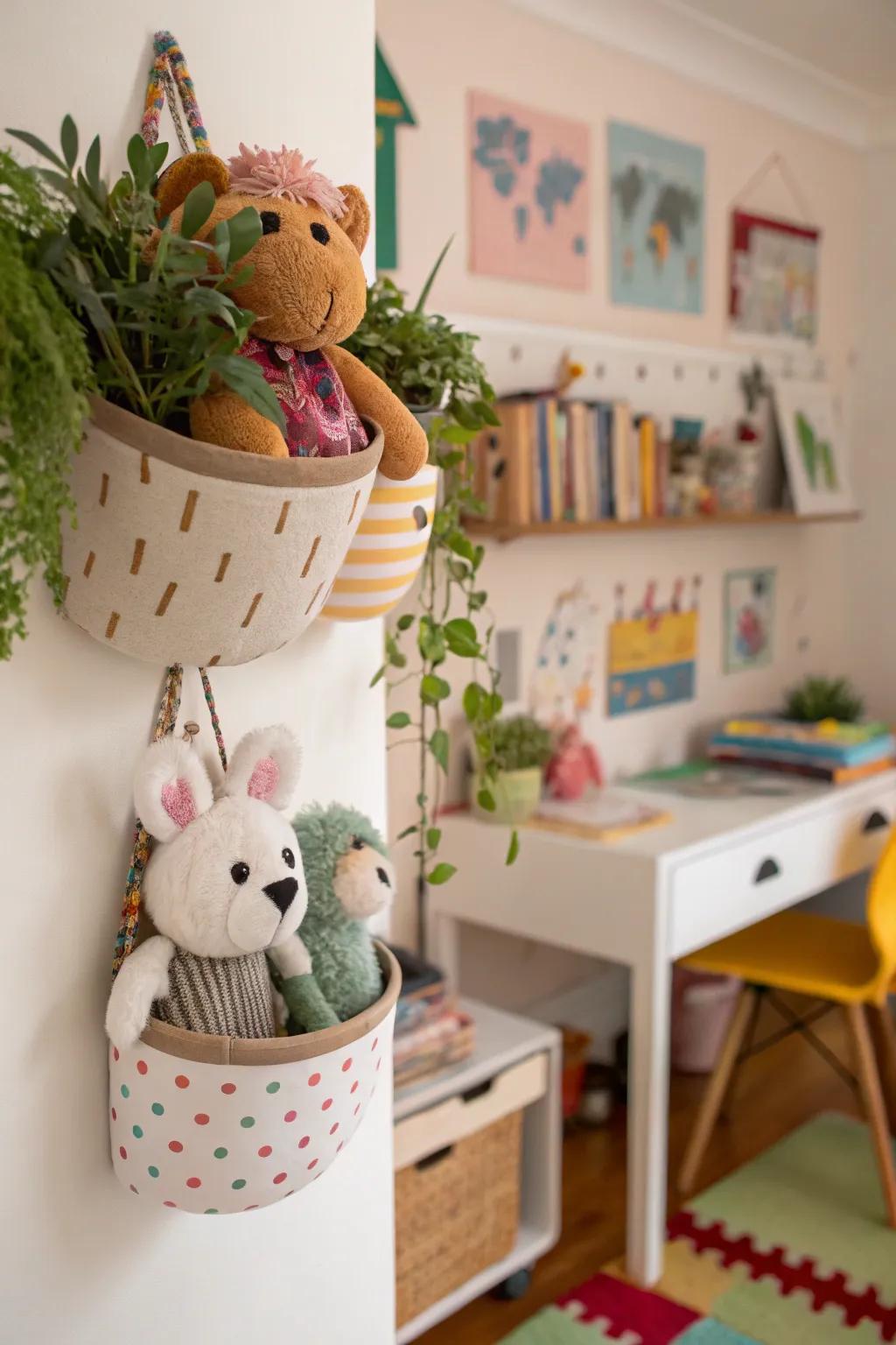 Wall planters offer a designer touch for storing toys.