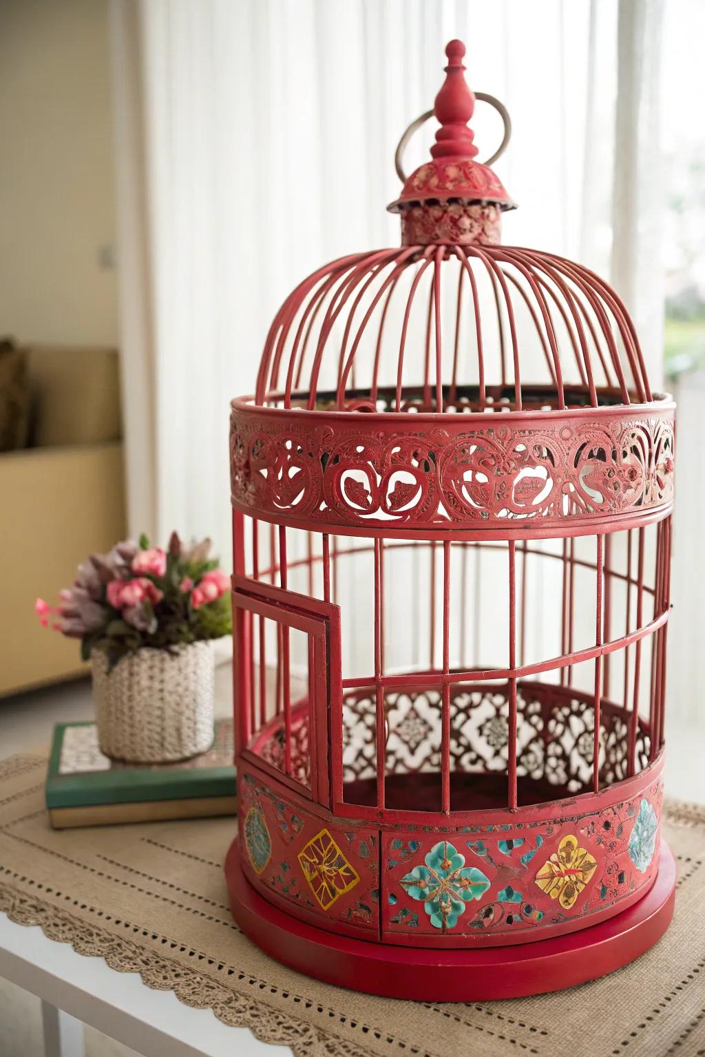 A bold color transforms an old bird cage into a statement piece.