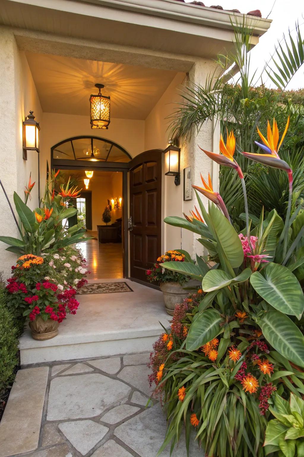 Create an exotic entrance with Bird of Paradise.