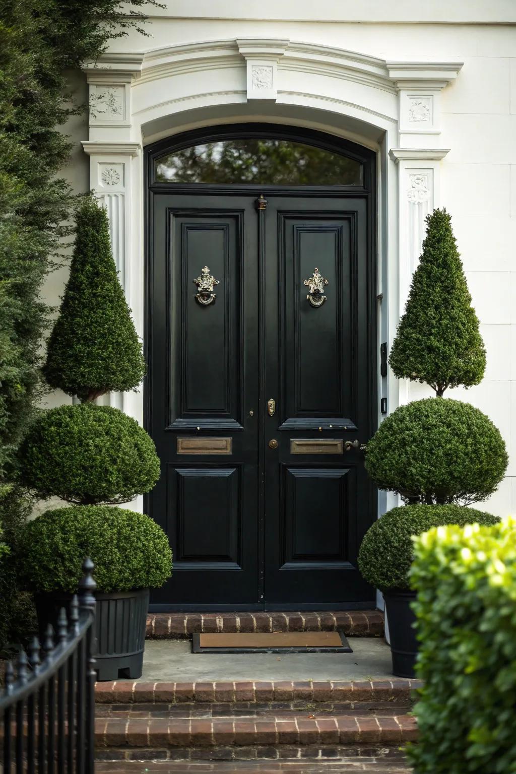 A pair of topiaries perfectly balancing a black front door.