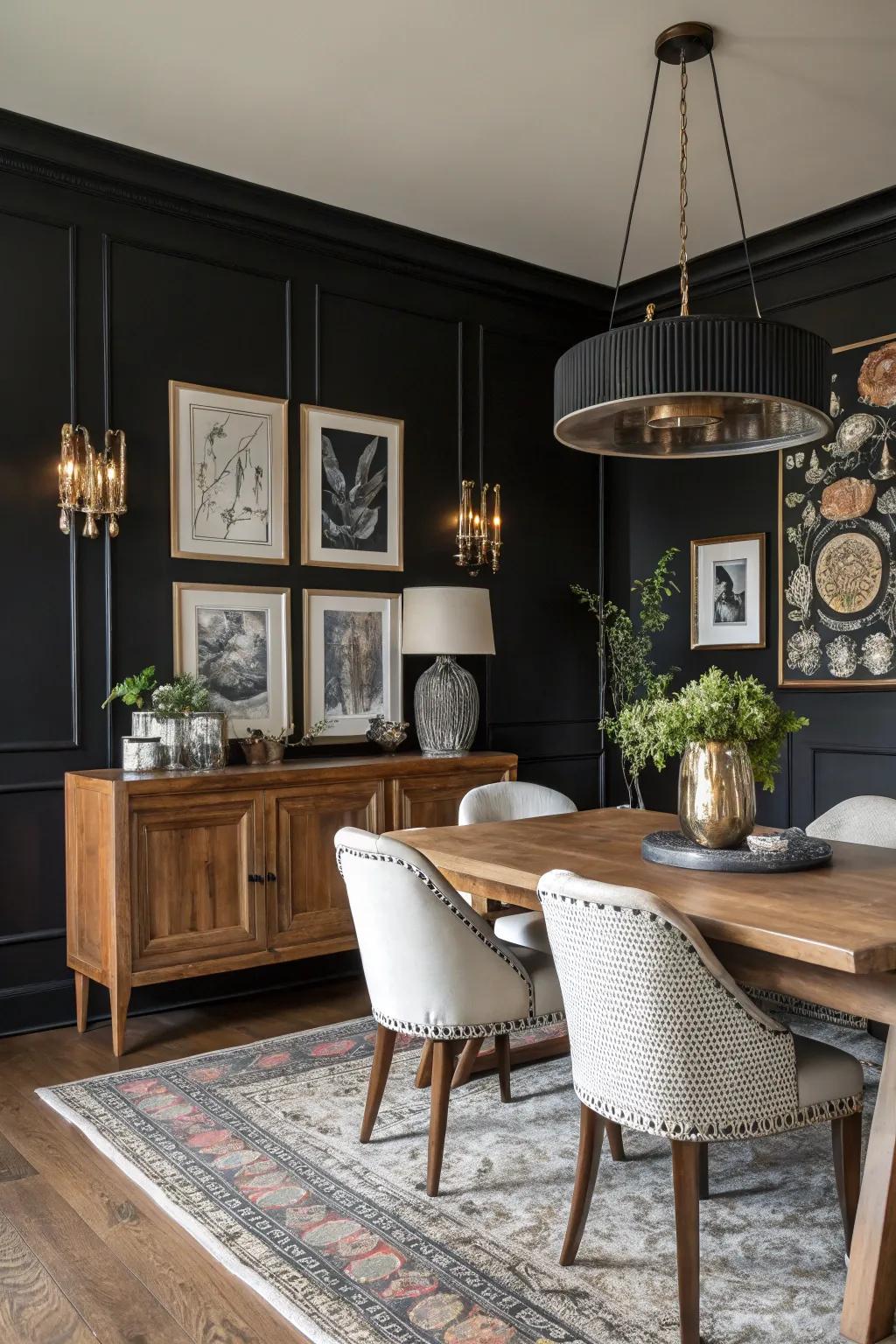 Eclectic elegance with a black wall.