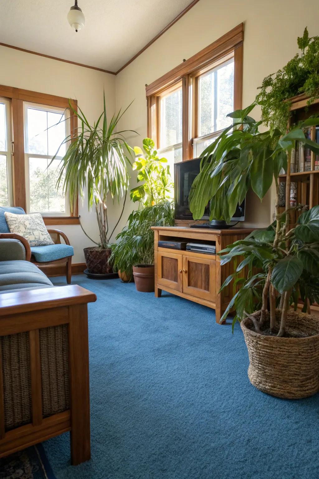 Indoor plants add vibrancy and contrast to a living room with blue carpet.