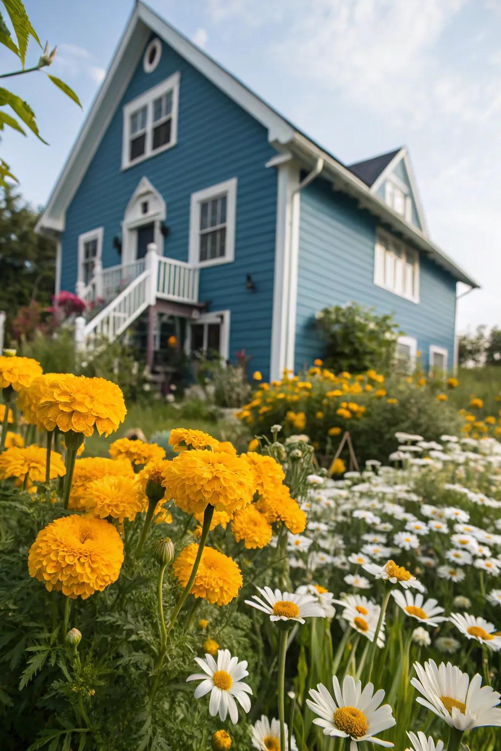 Yellow flowers bring a cheerful contrast to a blue house.