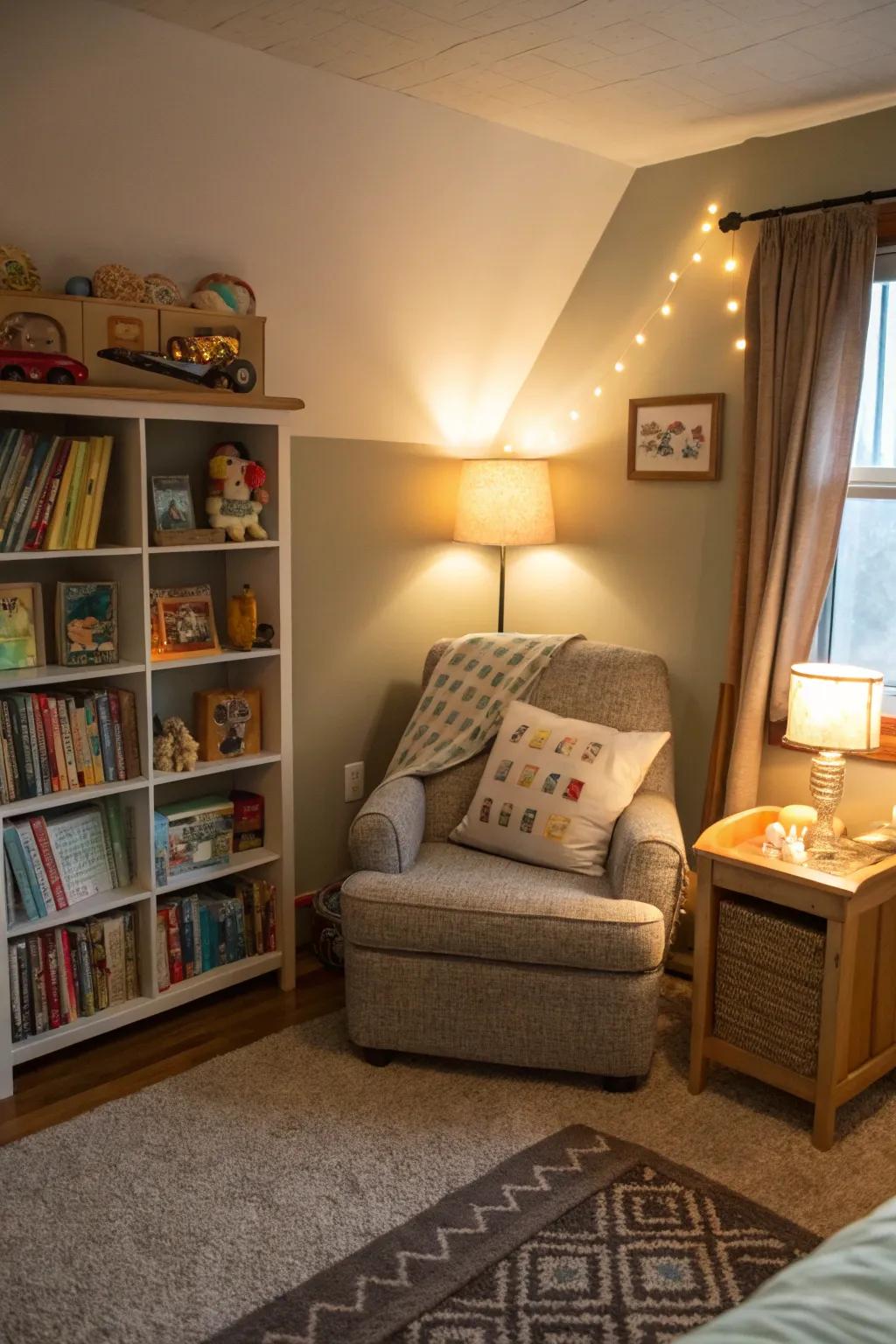 A cozy reading nook encourages a love for books and quiet time.