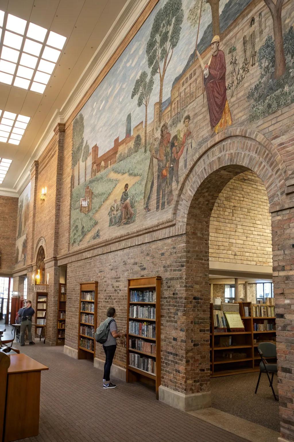 Historical mural adds depth and storytelling to a brick wall.