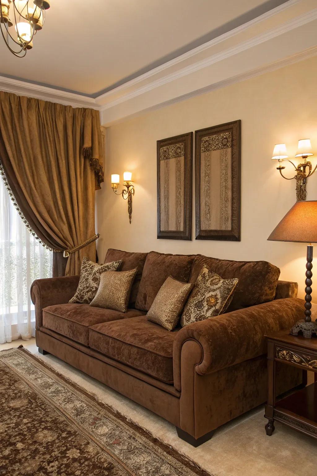 Brown velvet furniture adds luxury and richness to the room.