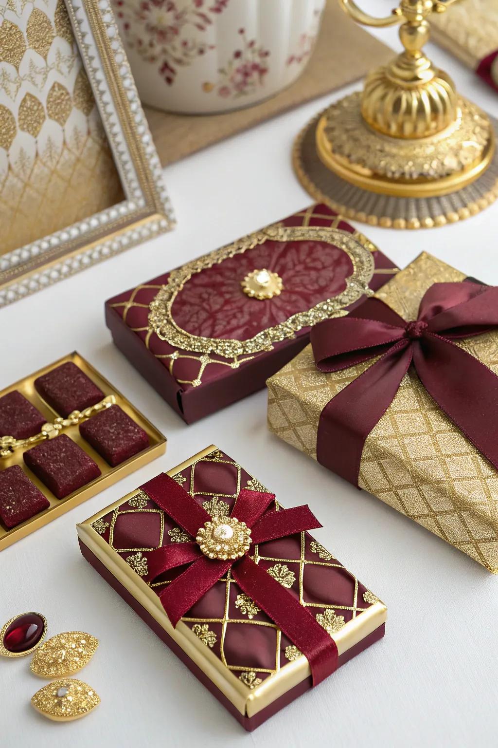 Distinct celebration tokens in wine and glimmer extend a memorable takeaway.