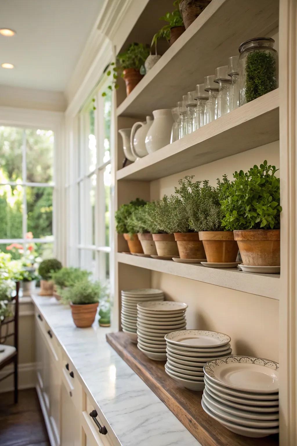 Greenery adds a fresh, natural vibe to the pantry.