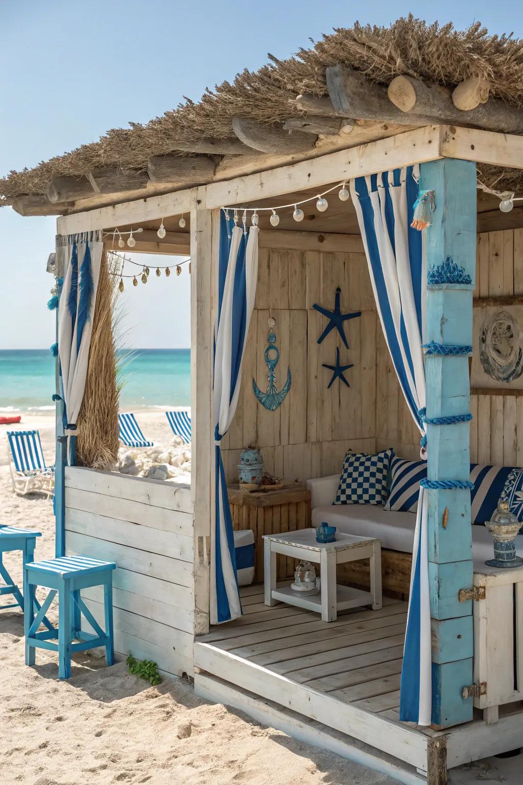 A tranquil beachfront cabana adorned with a nautical theme.