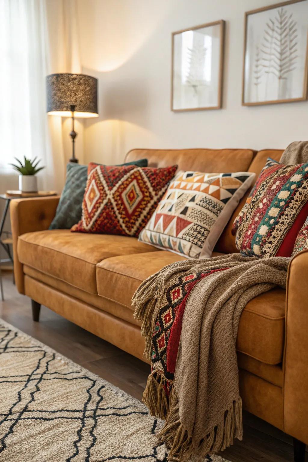 Bold patterns add dynamic interest to a caramel couch room.