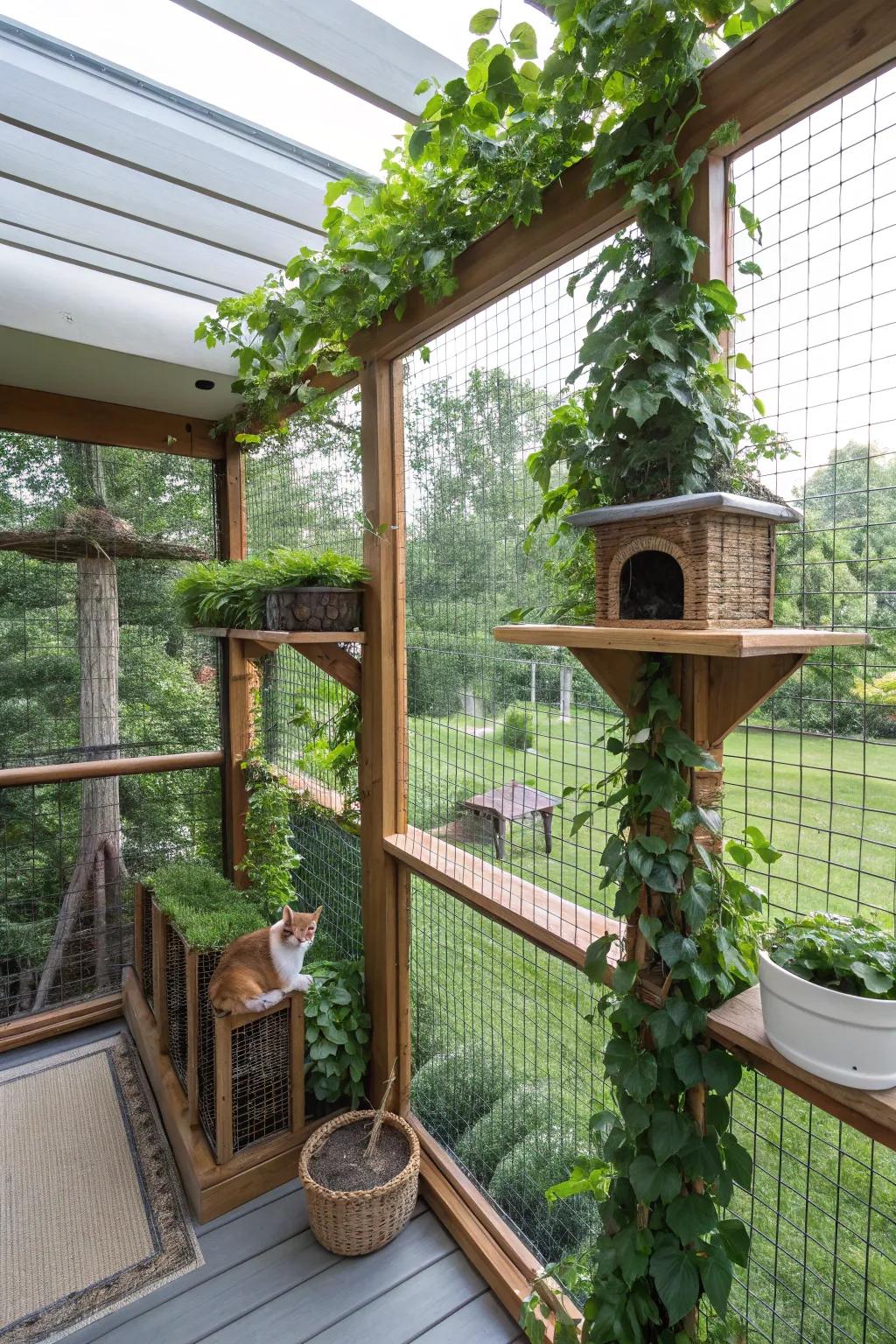 Observation platforms in a catio, perfect for curious cats to watch the world go by.