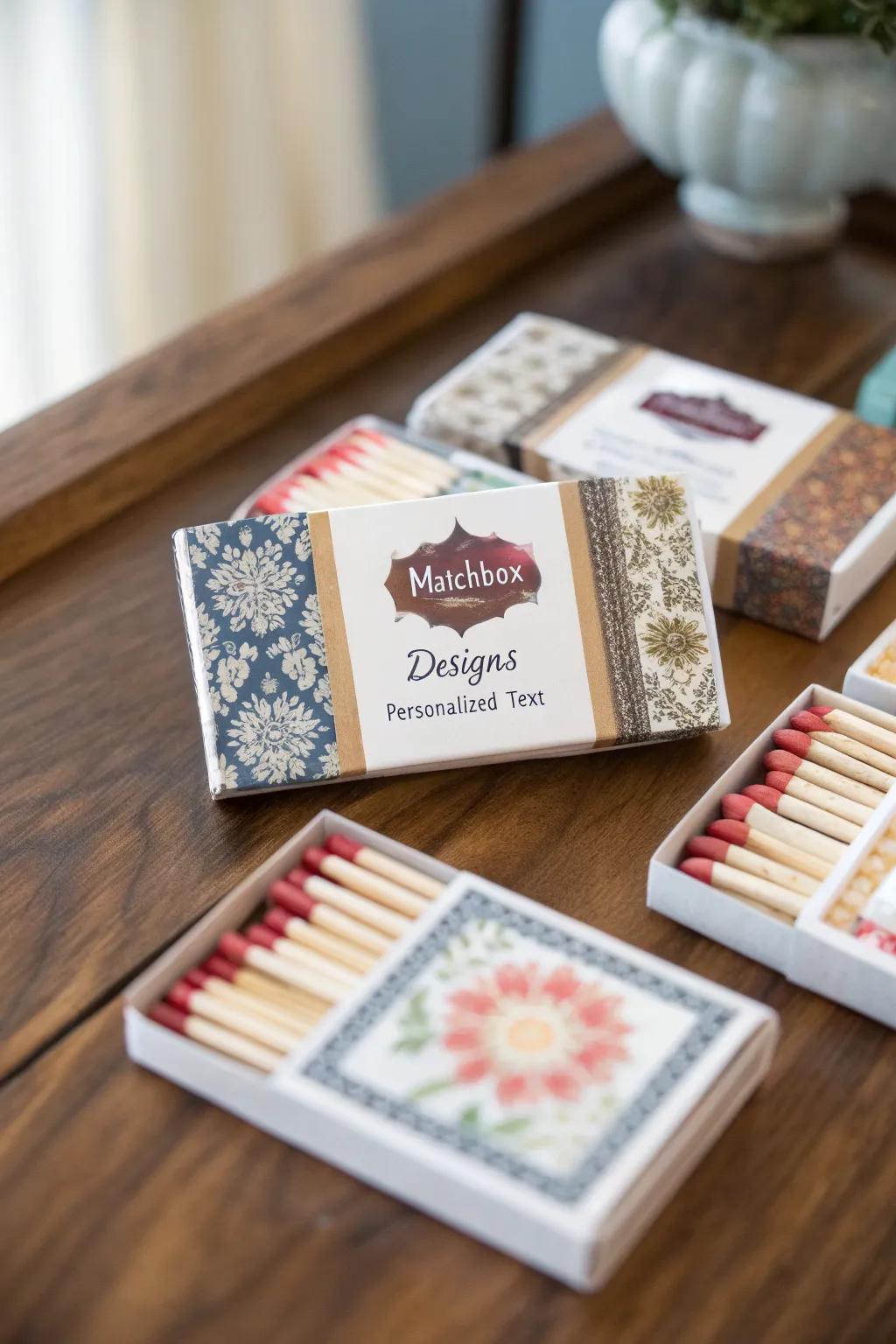 Customized matchboxes offer a vintage charm as wedding favors.