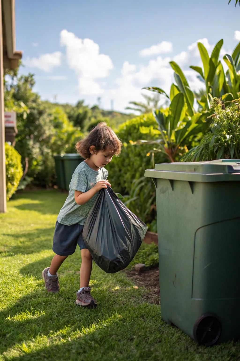 A child taking responsibility for managing trash.