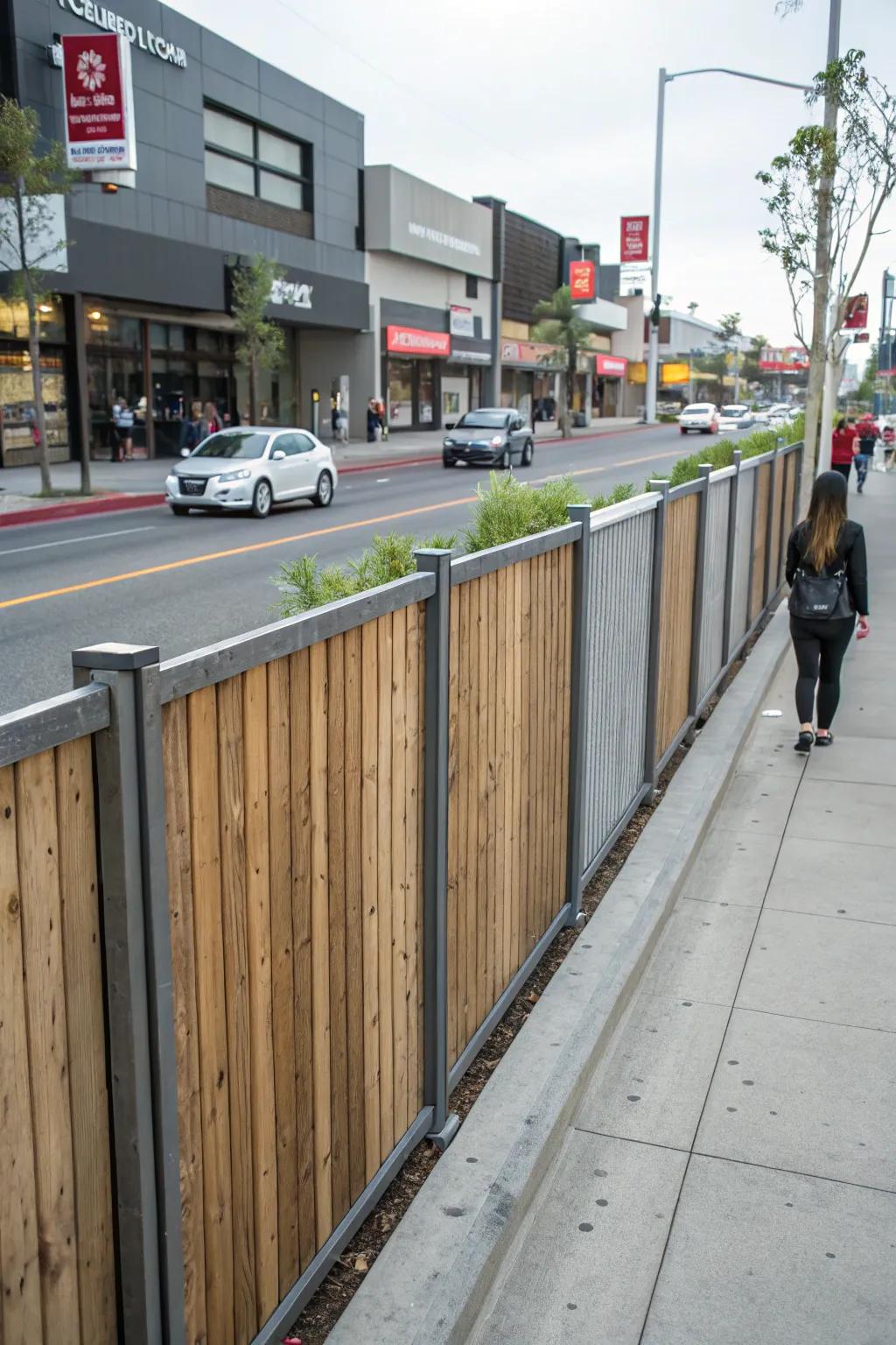 Mixed materials create a modern and eclectic fence design.