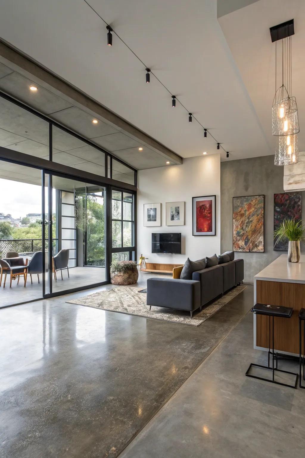 Multi-toned concrete floors create depth and subtly define spaces.