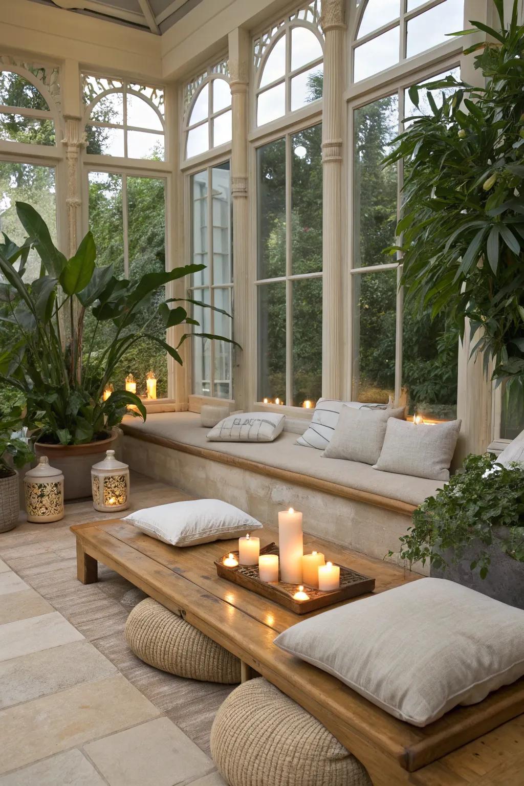 A tranquil meditation space in a conservatory.