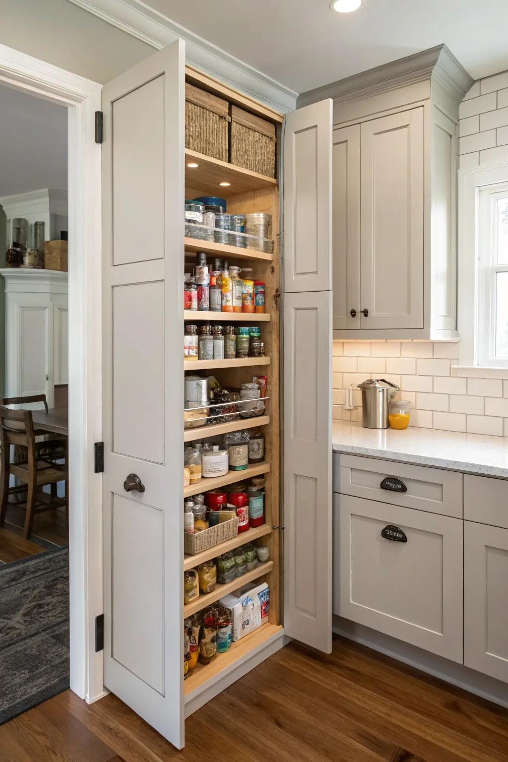 A hidden corner pantry door for a sleek storage solution.