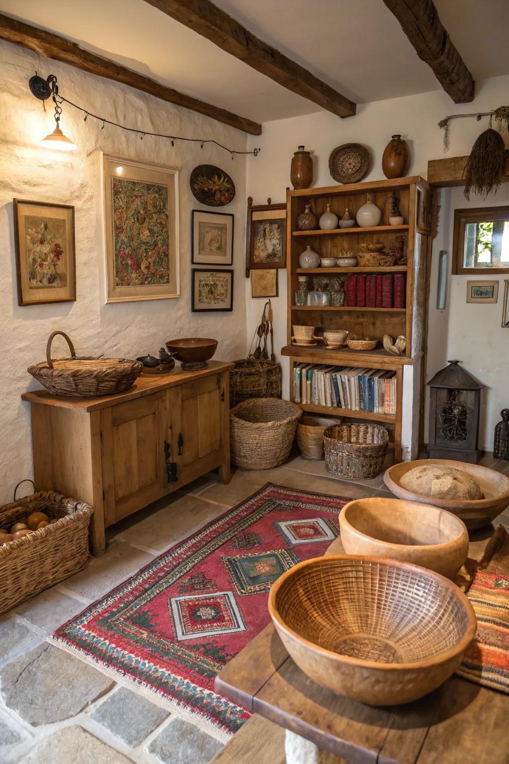 An interior featuring distinctive artisan-crafted decor elements.
