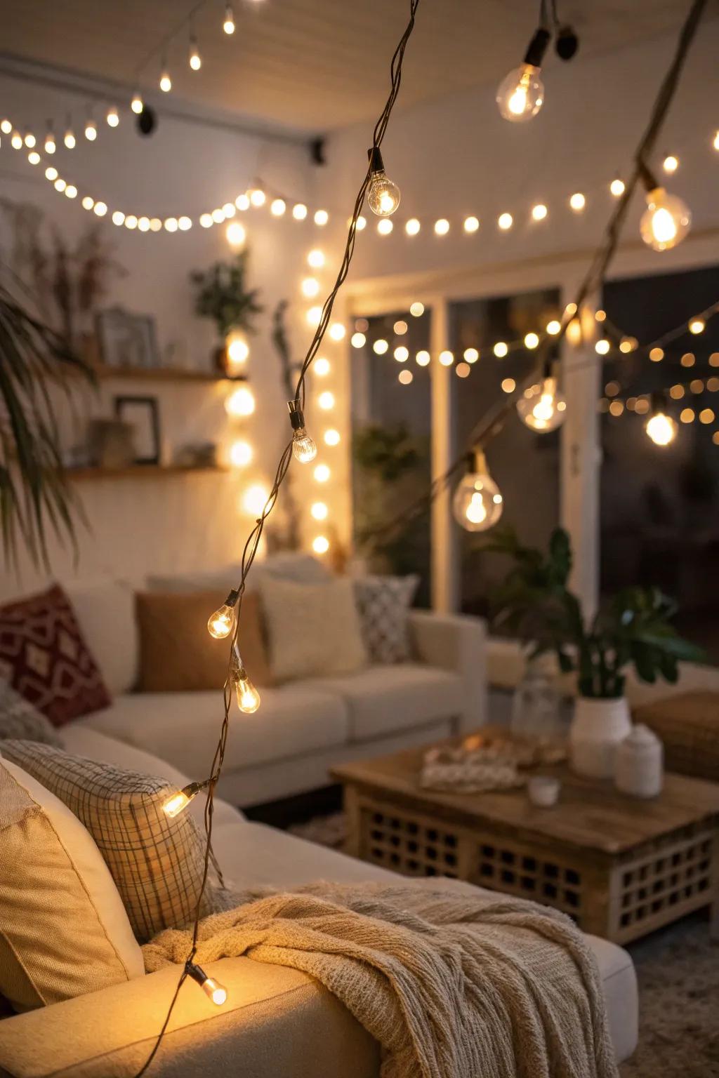 String lights add a whimsical touch and cozy glow.