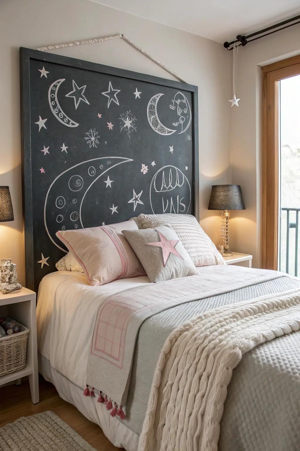 A dreamy and whimsical chalkboard headboard in the bedroom.