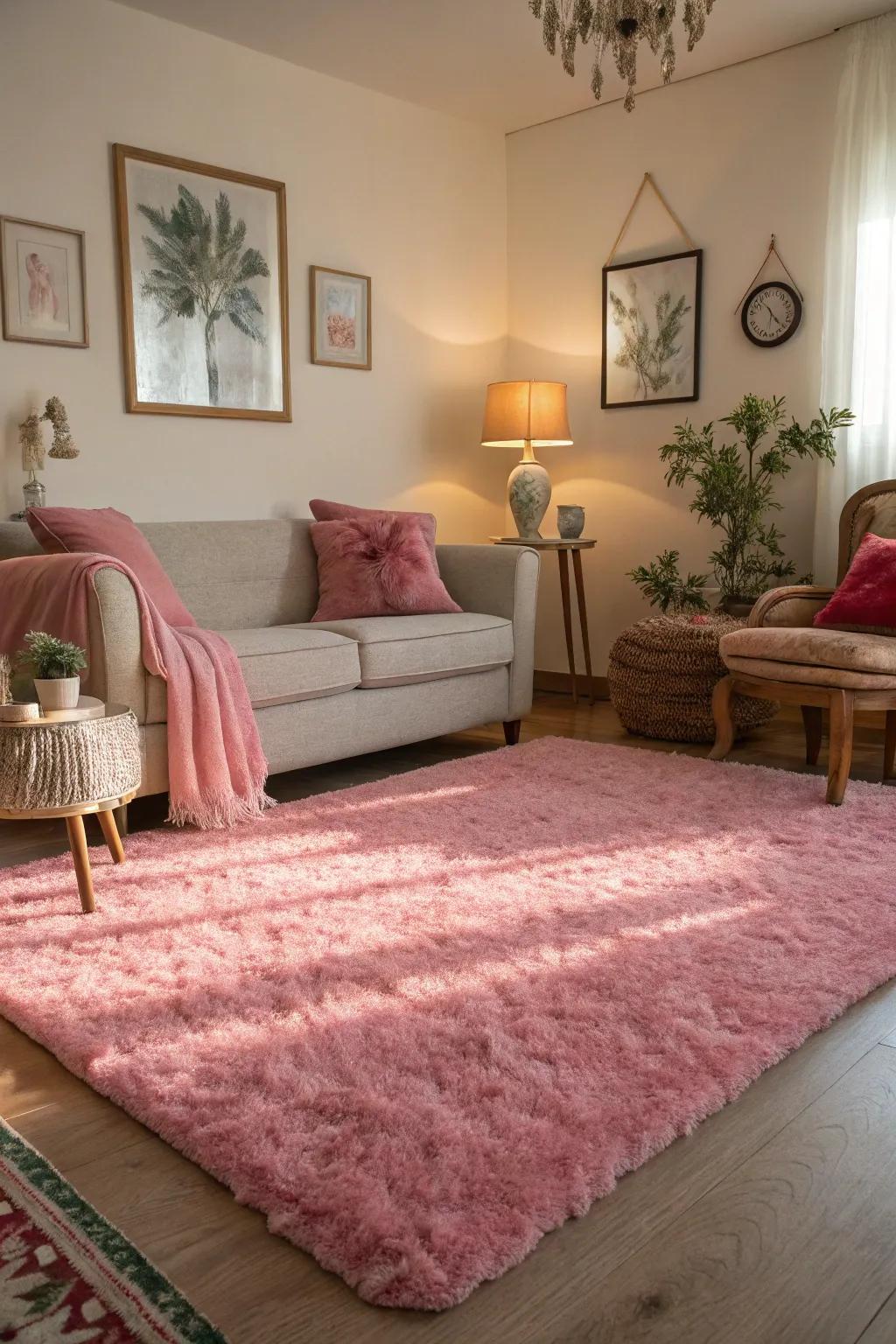 A rose floor covering supports the room and injects comfort.