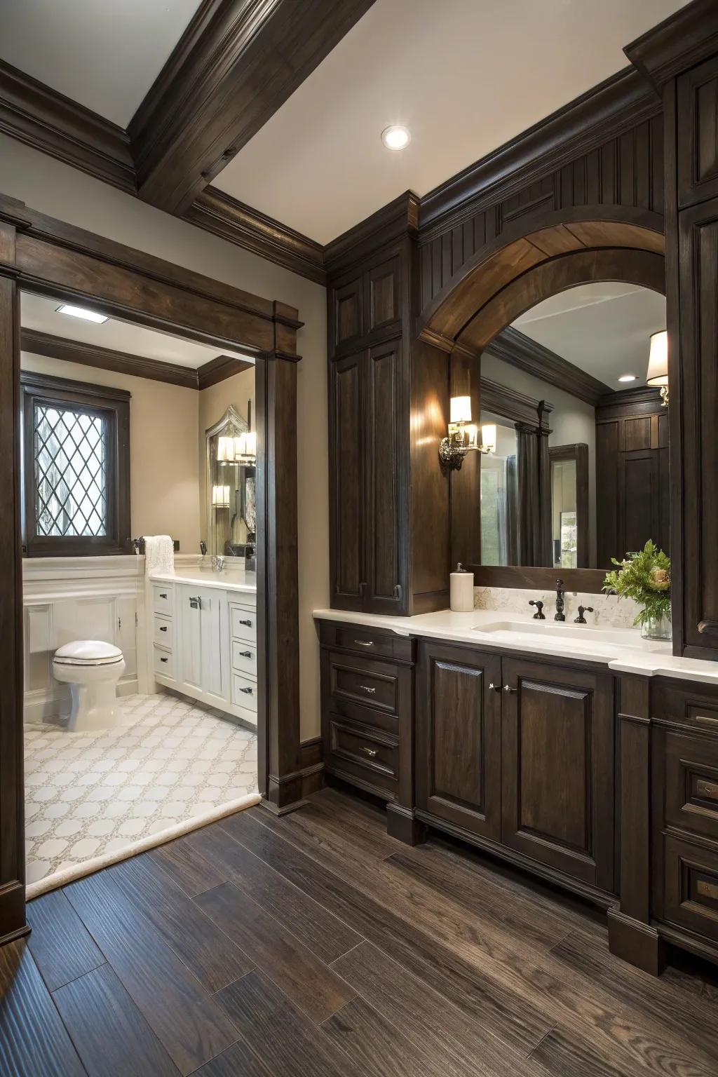 Dark wood highlights the architectural elegance of this bathroom.