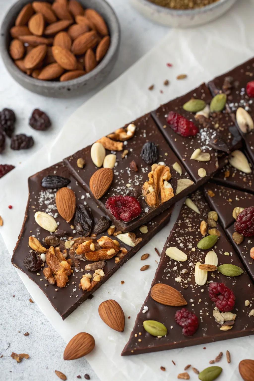 Chocolate bark with nuts, seeds, and dried fruits arranged in a desert-inspired pattern.