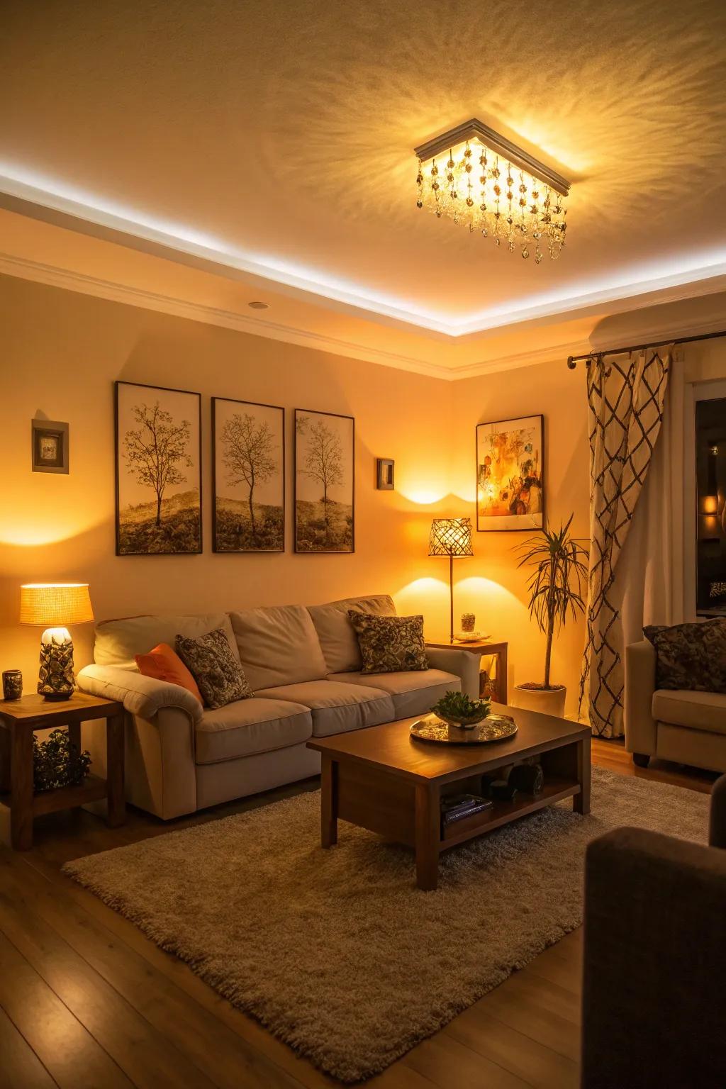 A room transformed by innovative lighting that creates a cozy glow.