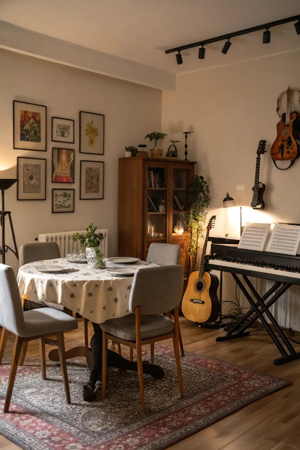 A music room dining area harmonizes entertainment and meals.